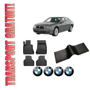 Set 5 covorase auto BMW Seria 7 (E65, E66, E67) din 2015-2021, cu covoras tunel median, presuri auto din cauciuc, 4x Stickere auto cu BMW
