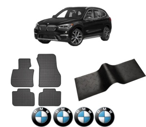 Set 5 covorase auto BMW Seria X1 (F48) din 2014-2022, cu covoras tunel median, presuri auto din cauciuc, 4x Stickere auto cu BMW - Img 2