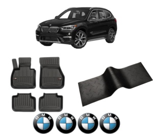 Set 5 covorase auto BMW Seria X1 (F48) din 2014-2022, cu covoras tunel median, presuri auto din cauciuc, 4x Stickere auto cu BMW - Img 2