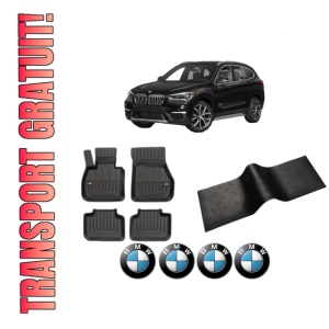 Set 5 covorase auto BMW Seria X1 (F48) din 2014-2022, cu covoras tunel median, presuri auto din cauciuc, 4x Stickere auto cu BMW