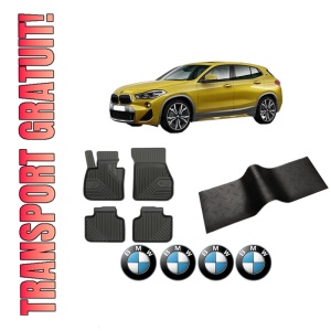 Set 5 covorase auto BMW Seria X2 (F39) din 2004-2010, cu covoras tunel median, presuri auto din cauciuc, 4x Stickere auto cu BMW