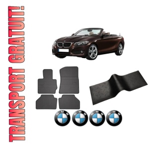Set 5 covorase auto BMW Seria X4 (F26) din 2012-2017, cu covoras tunel median, presuri auto din cauciuc, 4x Stickere auto cu BMW