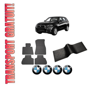 Set 5 covorase auto BMW Seria X5 (F15, F85) din 2013-2020, cu covoras tunel median, presuri auto din cauciuc, 4x Stickere auto cu BMW