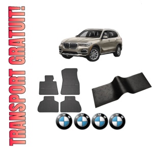 Set 5 covorase auto BMW Seria X5 (G05, F95) din 2013-2021, cu covoras tunel median, presuri auto din cauciuc, 4x Stickere auto cu BMW