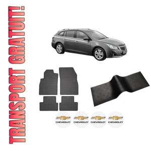 Set 5 covorase auto CHEVROLET CRUZE Station Wagon (J308) din 2004-2010, cu covoras tunel median, presuri auto din cauciuc, 4x Stickere auto cu CHEVROLET