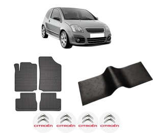 Set 5 covorase auto CITROEN C2 (JM_) din 2006-2015, cu covoras tunel median, presuri auto din cauciuc, 4x Stickere auto cu CITROEN - Img 2