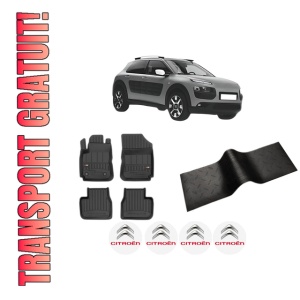 Set 5 covorase auto CITROEN C4 CACTUS din 2014-2024, cu covoras tunel median, presuri auto din cauciuc, 4x Stickere auto cu CITROEN