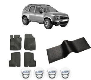Set 5 covorase auto DACIA DUSTER (HS_) din 2010-2018, cu covoras tunel median, presuri auto din cauciuc, 4x Stickere auto cu DACIA - Img 2