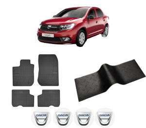 Set 5 covorase auto DACIA LOGAN II din 2011-2015, cu covoras tunel median, presuri auto din cauciuc, 4x Stickere auto cu DACIA - Img 2
