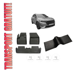 Set 5 covorase auto DS DS 7 Crossback (J4_, JR_, JC_) din 2012-2021, cu covoras tunel median, presuri auto din cauciuc, 4x Stickere auto cu DS