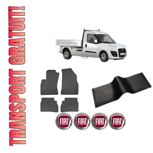 Set 5 covorase auto FIAT DOBLO Platform/Chassis (263_) din 2011-2016, cu covoras tunel median, presuri auto din cauciuc, 4x Stickere auto cu FIAT