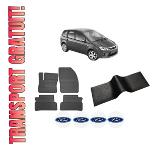 Set 5 covorase auto FORD C-MAX (DM2) din 2010-2018, cu covoras tunel median, presuri auto din cauciuc, 4x Stickere auto cu FORD