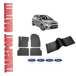 Set 5 covorase auto FORD C-MAX II (DXA/CB7, DXA/CEU) din 2007-2014, cu covoras tunel median, presuri auto din cauciuc, 4x Stickere auto cu FORD