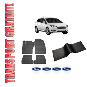Set 5 covorase auto FORD FOCUS III Estate Van din 2014-2019, cu covoras tunel median, presuri auto din cauciuc, 4x Stickere auto cu FORD