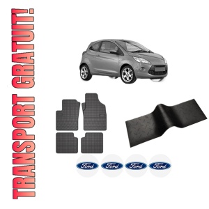 Set 5 covorase auto FORD KA (RU8) din 2010-2018, cu covoras tunel median, presuri auto din cauciuc, 4x Stickere auto cu FORD