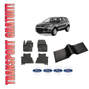 Set 5 covorase auto FORD KUGA II VAN din 2018-2023, cu covoras tunel median, presuri auto din cauciuc, 4x Stickere auto cu FORD