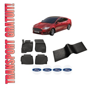 Set 5 covorase auto FORD MONDEO V Hatchback (CE) din 2015-2024, cu covoras tunel median, presuri auto din cauciuc, 4x Stickere auto cu FORD