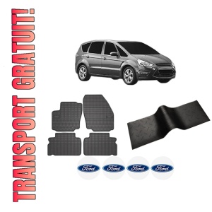 Set 5 covorase auto FORD S-MAX VAN (WA6) din 2018-2022, cu covoras tunel median, presuri auto din cauciuc, 4x Stickere auto cu FORD