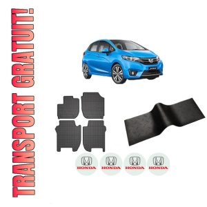 Set 5 covorase auto HONDA JAZZ IV (GK_) din 2007-2015, cu covoras tunel median, presuri auto din cauciuc, 4x Stickere auto cu HONDA