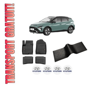 Set 5 covorase auto HYUNDAI BAYON (BC3) din 2012-2020, cu covoras tunel median, presuri auto din cauciuc, 4x Stickere auto cu HYUNDAI