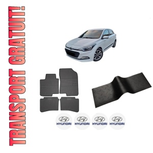 Set 5 covorase auto HYUNDAI i20 II (GB, IB) din 2007-2013, cu covoras tunel median, presuri auto din cauciuc, 4x Stickere auto cu HYUNDAI