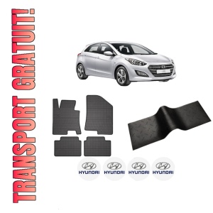 Set 5 covorase auto HYUNDAI i30 (GD) din 2017-2022, cu covoras tunel median, presuri auto din cauciuc, 4x Stickere auto cu HYUNDAI