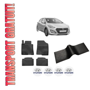 Set 5 covorase auto HYUNDAI i30 Hatchback Van (GDE) din 2012-2019, cu covoras tunel median, presuri auto din cauciuc, 4x Stickere auto cu HYUNDAI