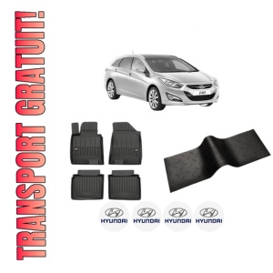 Set 5 covorase auto HYUNDAI i40 I CW (VF) din 2008-2017, cu covoras tunel median, presuri auto din cauciuc, 4x Stickere auto cu HYUNDAI