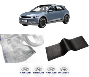 Set 5 covorase auto HYUNDAI IONIQ 5 (NE) din 2012-2021, cu covoras tunel median, presuri auto din cauciuc, 4x Stickere auto cu HYUNDAI - Img 2