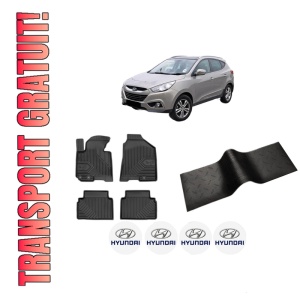 Set 5 covorase auto HYUNDAI ix35 (LM, EL, ELH) din 2008-2017, cu covoras tunel median, presuri auto din cauciuc, 4x Stickere auto cu HYUNDAI