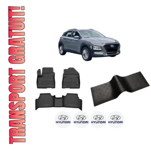 Set 5 covorase auto HYUNDAI KONA (OS, OSE, OSI) din 2012-2020, cu covoras tunel median, presuri auto din cauciuc, 4x Stickere auto cu HYUNDAI