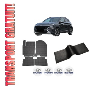 Set 5 covorase auto HYUNDAI KONA SUV Van (OS, OSE, OSI) din 2017-2018, cu covoras tunel median, presuri auto din cauciuc, 4x Stickere auto cu HYUNDAI