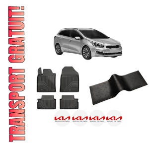 Set 5 covorase auto KIA CEED Sportswagon (CD) din 2007-2014, cu covoras tunel median, presuri auto din cauciuc, 4x Stickere auto cu KIA