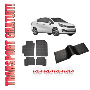 Set 5 covorase auto KIA RIO III Saloon (UB) din 2016-2018, cu covoras tunel median, presuri auto din cauciuc, 4x Stickere auto cu KIA