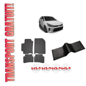 Set 5 covorase auto KIA RIO IV (YB, SC, FB) din 2012-2016, cu covoras tunel median, presuri auto din cauciuc, 4x Stickere auto cu KIA