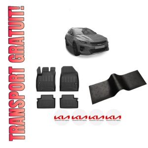 Set 5 covorase auto KIA XCEED (CD) din 2008-2013, cu covoras tunel median, presuri auto din cauciuc, 4x Stickere auto cu KIA