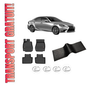 Set 5 covorase auto LEXUS IS III (_E3_) din 2008-2017, cu covoras tunel median, presuri auto din cauciuc, 4x Stickere auto cu LEXUS