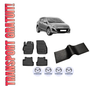 Set 5 covorase auto MAZDA 3 (BL) din 2007-2015, cu covoras tunel median, presuri auto din cauciuc, 4x Stickere auto cu MAZDA