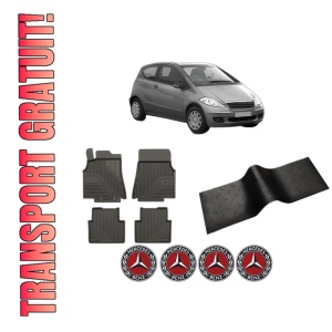 Set 5 covorase auto MERCEDES-BENZ A-CLASS (W169) din 2010-2020, cu covoras tunel median, presuri auto din cauciuc, 4x Stickere auto cu MERCEDES-BENZ