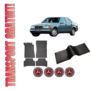 Set 5 covorase auto MERCEDES-BENZ C-CLASS (W202) din 2008-2015, cu covoras tunel median, presuri auto din cauciuc, 4x Stickere auto cu MERCEDES-BENZ