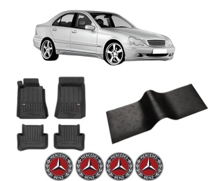 Set 5 covorase auto MERCEDES-BENZ C-CLASS (W203) din 2016-2023, cu covoras tunel median, presuri auto din cauciuc, 4x Stickere auto cu MERCEDES-BENZ - Img 2