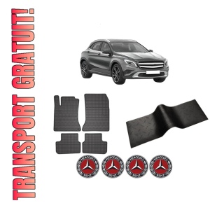 Set 5 covorase auto MERCEDES-BENZ GLA-CLASS (X156) din 2014-2021, cu covoras tunel median, presuri auto din cauciuc, 4x Stickere auto cu MERCEDES-BENZ