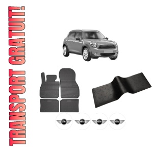 Set 5 covorase auto MINI MINI COUNTRYMAN (R60) din 2014-2019, cu covoras tunel median, presuri auto din cauciuc, 4x Stickere auto cu MINI