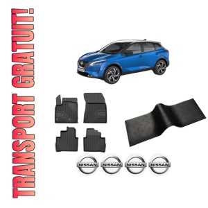 Set 5 covorase auto NISSAN QASHQAI III (J12) din 2012-2019, cu covoras tunel median, presuri auto din cauciuc, 4x Stickere auto cu NISSAN - Img 1
