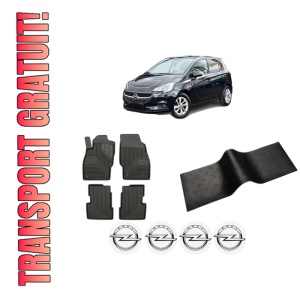 Set 5 covorase auto OPEL CORSA E Hatchback Van (X15) din 2006-2014, cu covoras tunel median, presuri auto din cauciuc, 4x Stickere auto cu OPEL