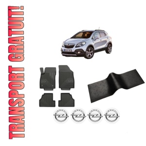 Set 5 covorase auto OPEL MOKKA / MOKKA X (J13) din 2010-2018, cu covoras tunel median, presuri auto din cauciuc, 4x Stickere auto cu OPEL