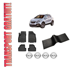 Set 5 covorase auto OPEL MOKKA / MOKKA X (J13) din 2010-2018, cu covoras tunel median, presuri auto din cauciuc, 4x Stickere auto cu OPEL