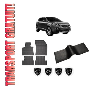 Set 5 covorase auto PEUGEOT 3008 Van (MR_, MC_, MJ_) din 2008-2017, cu covoras tunel median, presuri auto din cauciuc, 4x Stickere auto cu PEUGEOT