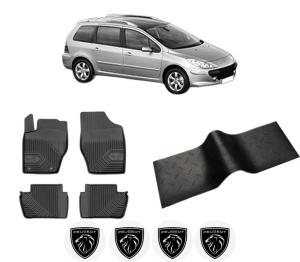 Set 5 covorase auto PEUGEOT 307 SW (3H) din 2011-2018, cu covoras tunel median, presuri auto din cauciuc, 4x Stickere auto cu PEUGEOT - Img 2