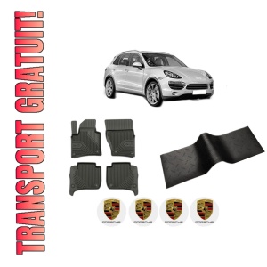 Set 5 covorase auto PORSCHE CAYENNE (92A) din 2014-2024, cu covoras tunel median, presuri auto din cauciuc, 4x Stickere auto cu PORSCHE